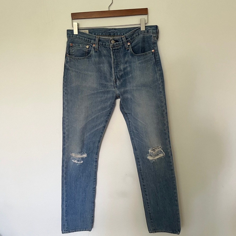 Levis 501 S Skinny Distressed Jeans Mens W33 L32 Medium Wash Blue Button Fly